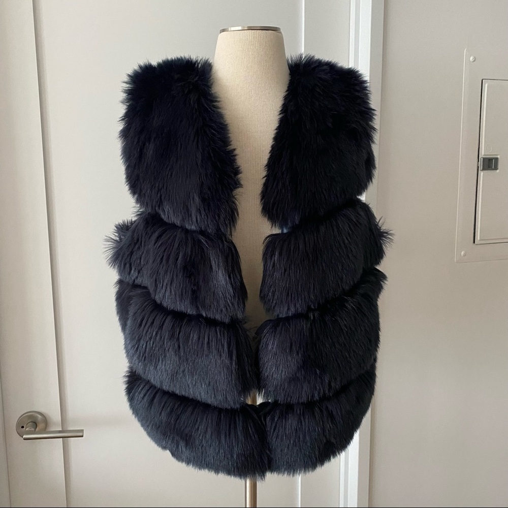 Popski London "Faye" Faux Fur Vest Gilet Navy Blue One Size